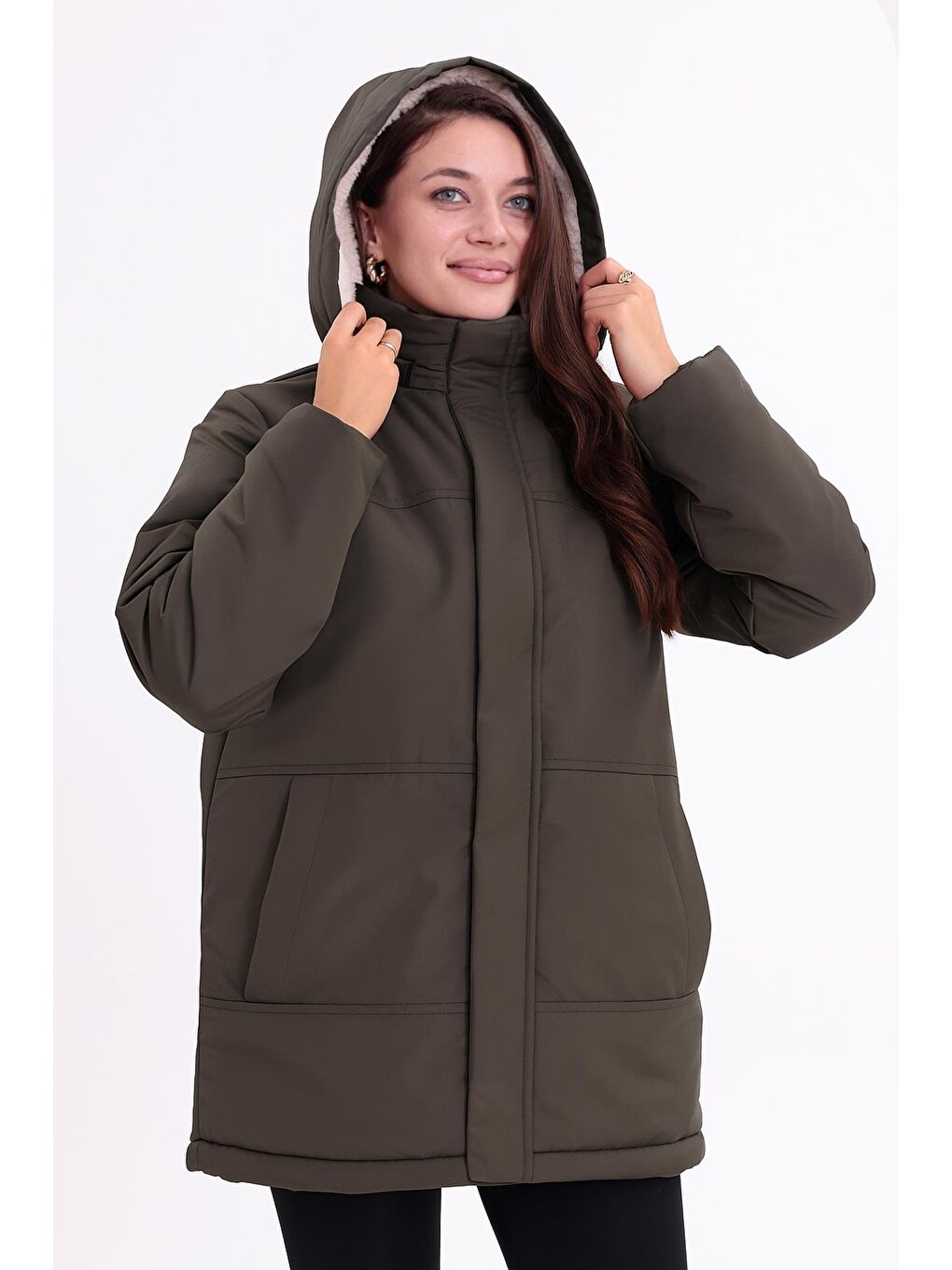 Haki Kadın İçi Kürklü Çıkma Kapüşon Su Ve Rüzgar Geçirmez Kapüşonlu Kışlık Mont & Kaban & Parka-1