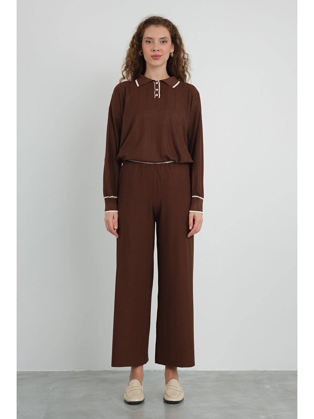 Kahverengi Şerit Detaylı Triko Pantolon Acı Kahve