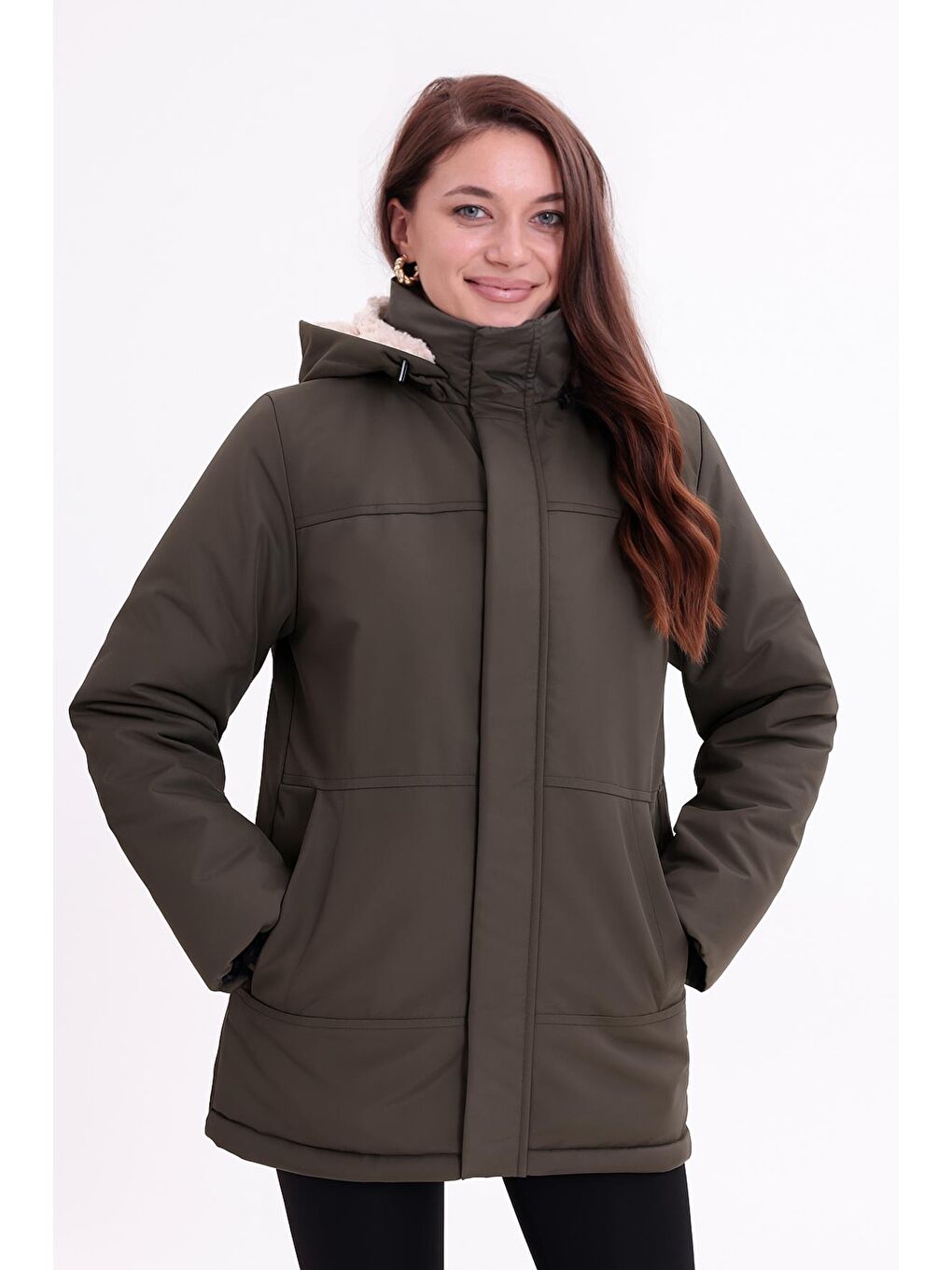 Haki Kadın İçi Kürklü Çıkma Kapüşon Su Ve Rüzgar Geçirmez Kapüşonlu Kışlık Mont & Kaban & Parka-2