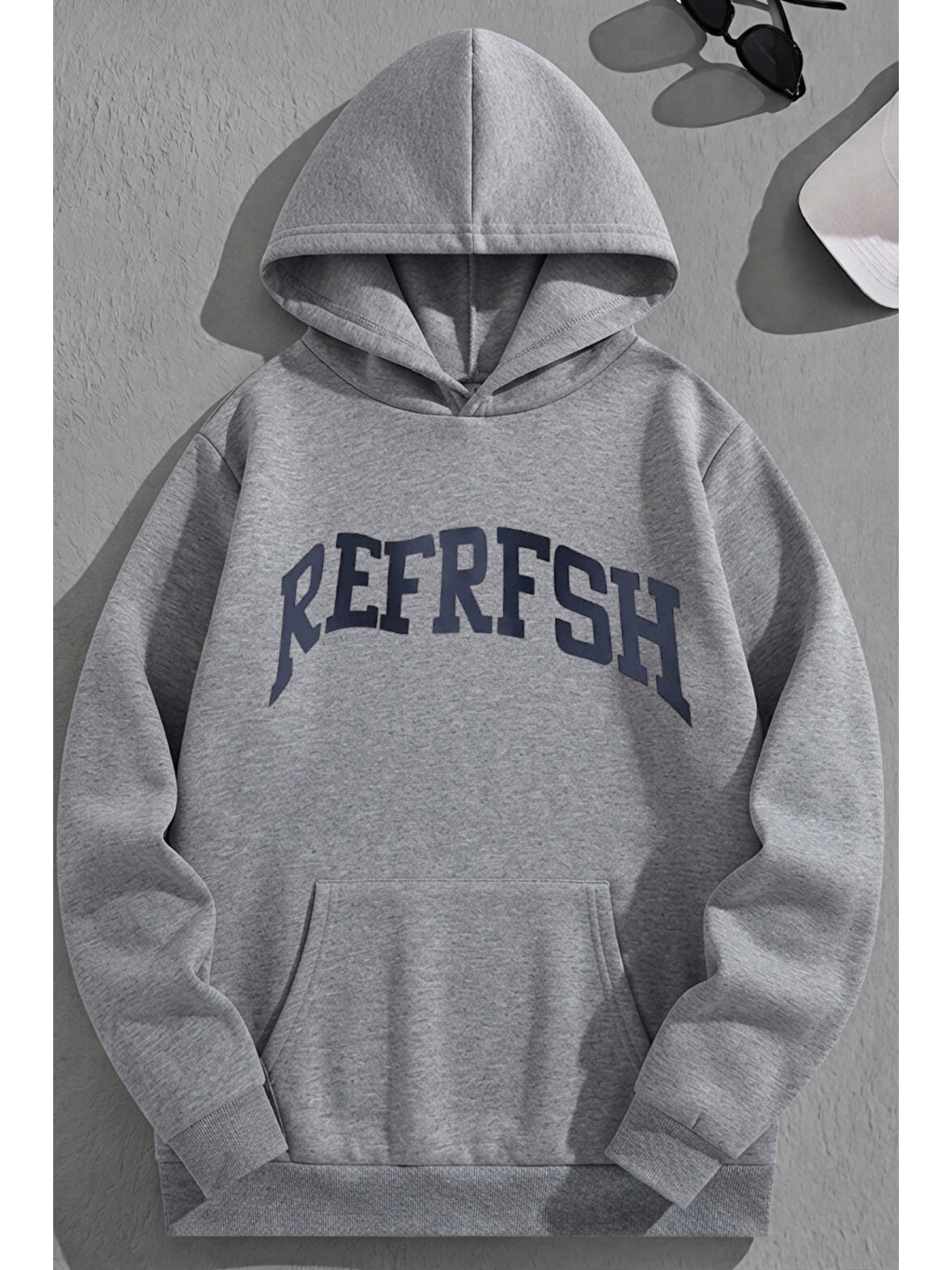 Unisex 3 İplik Pamuklu Gri Refresh Baskı Bol Kalıp Sweatshirt Hoodie