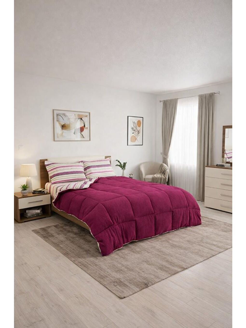 Sherpa Pelüş Çift Kişilik Lastikli Çarşaflı Comforter Set Mürdüm