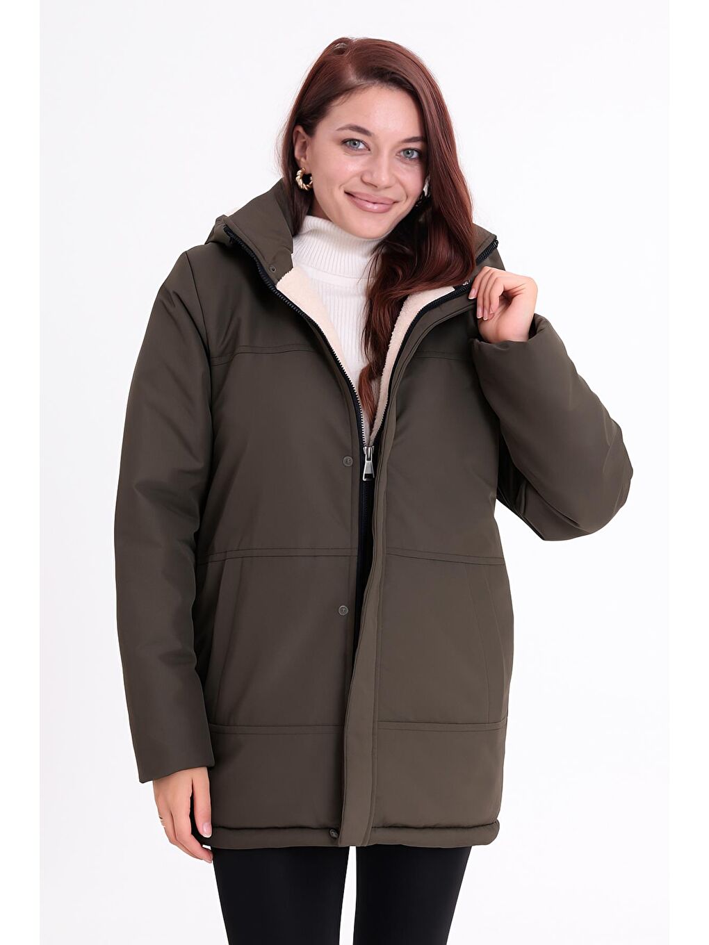 Haki Kadın İçi Kürklü Çıkma Kapüşon Su Ve Rüzgar Geçirmez Kapüşonlu Kışlık Mont & Kaban & Parka-3