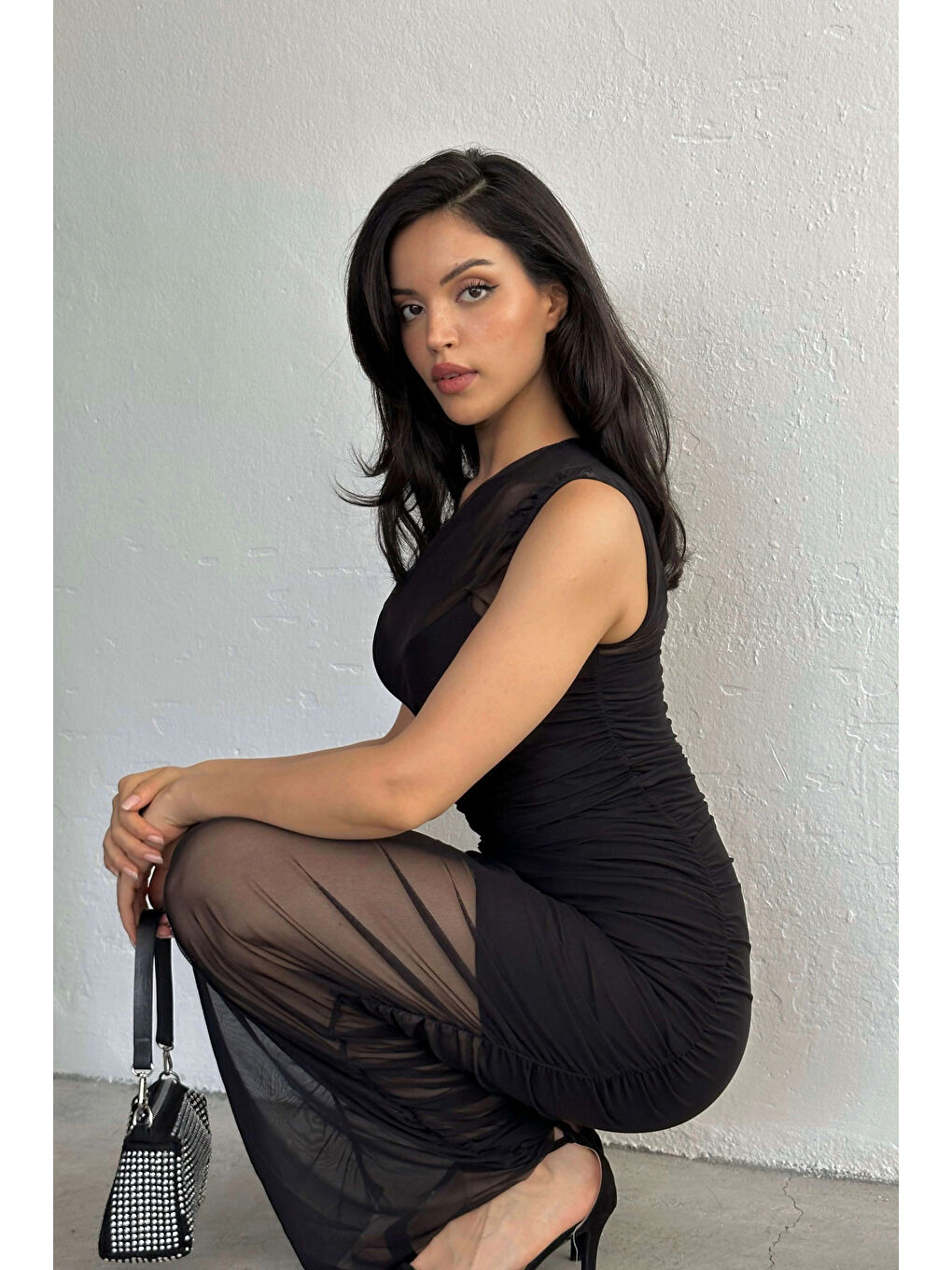 Kadın Siyah Tül Detay Uzun Elbise 1032-2003-10