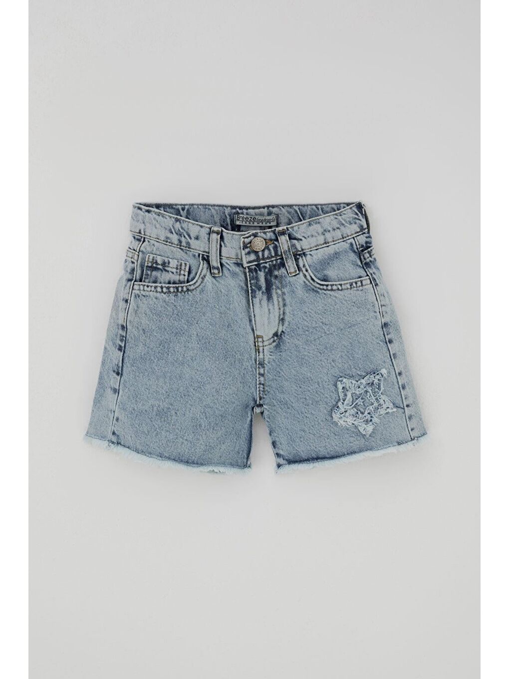 Kız Çocuk Jean Şort Yıldız Nakışlı Paçası Püskül Detaylı Açık Mavi (5-9 Yaş)