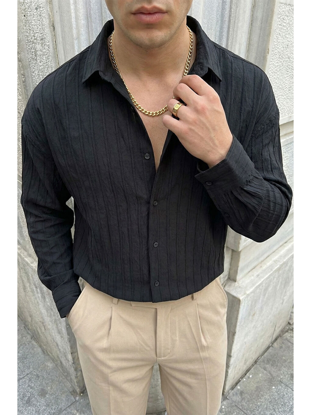 Siyah Maze Premium Oversize Erkek Gömlek Dokulu Çizgili