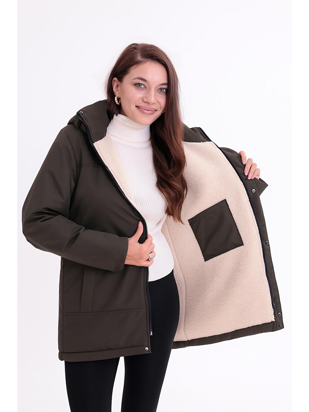 Haki Kadın İçi Kürklü Çıkma Kapüşon Su Ve Rüzgar Geçirmez Kapüşonlu Kışlık Mont & Kaban & Parka-4