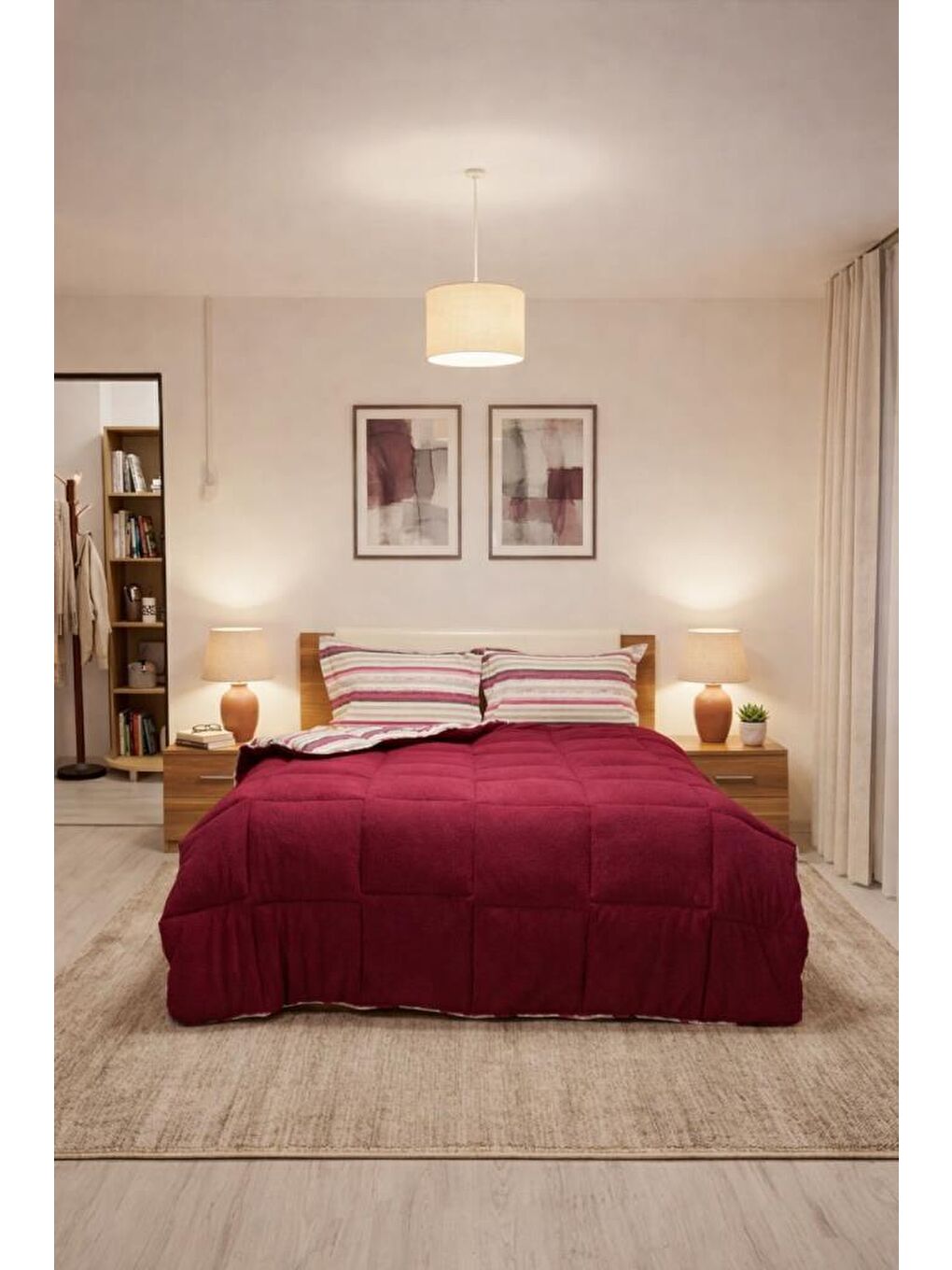 Sherpa Pelüş Çift Kişilik Lastikli Çarşaflı Comforter Set Mürdüm-1