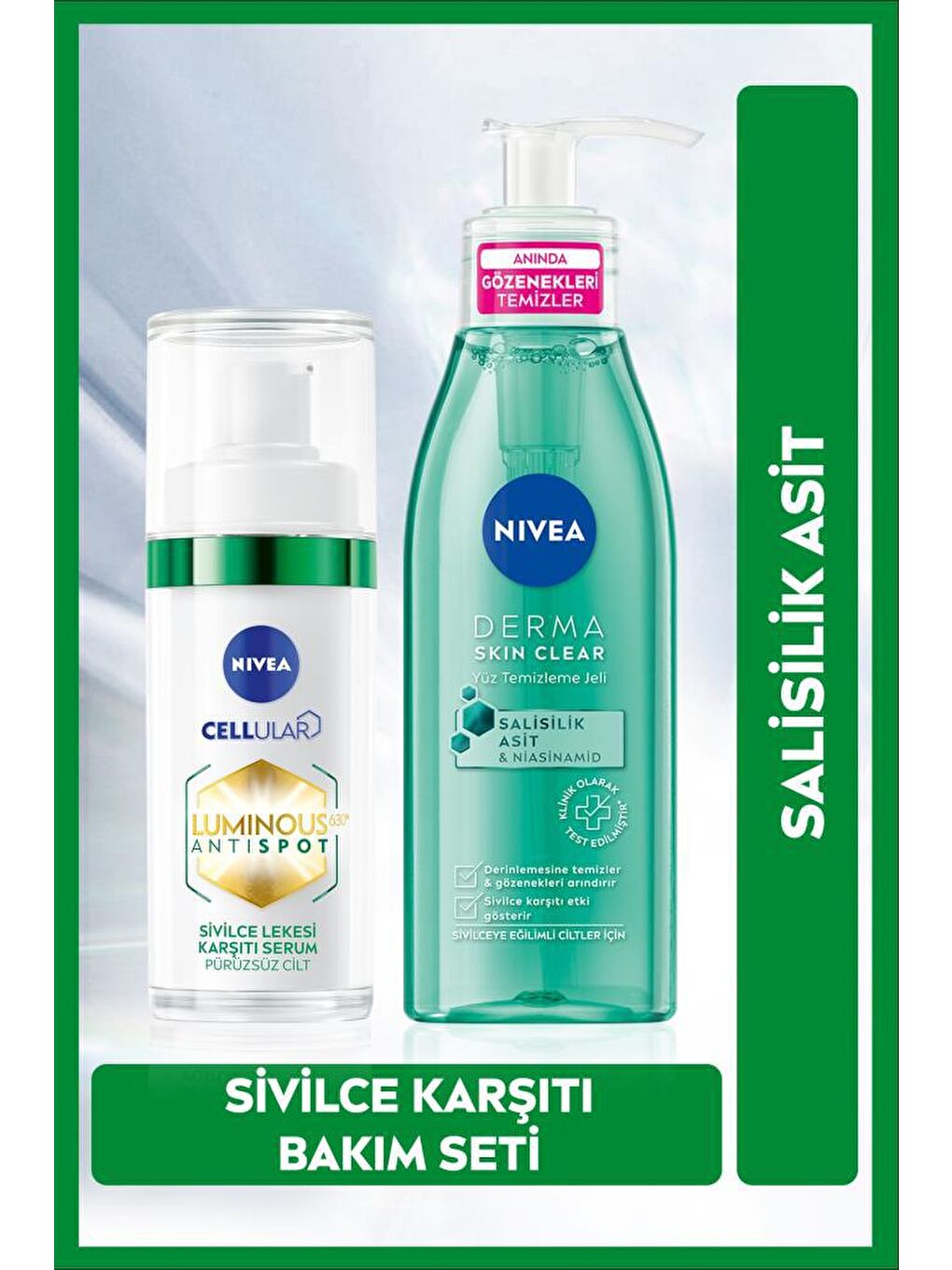 NIVEA Şeffaf Sivilce Karşıtı Luminous630 Serum Ve Derma Skin Clear Temizleme Jeli, Salisilik Asit, Yağlı Cilt