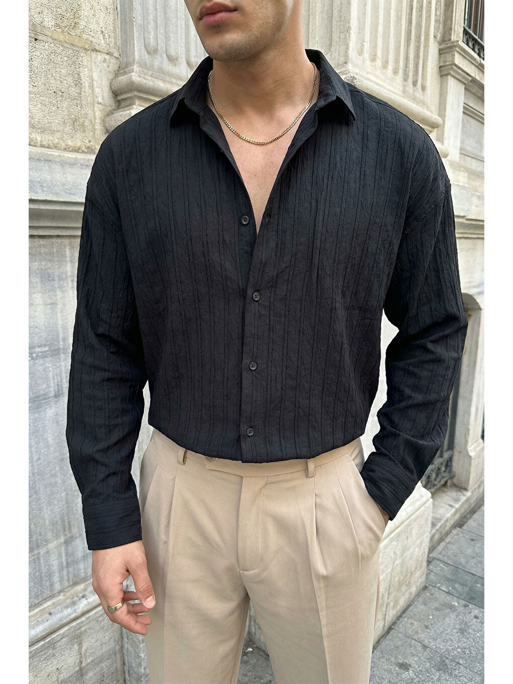 Siyah Maze Premium Oversize Erkek Gömlek Dokulu Çizgili-1