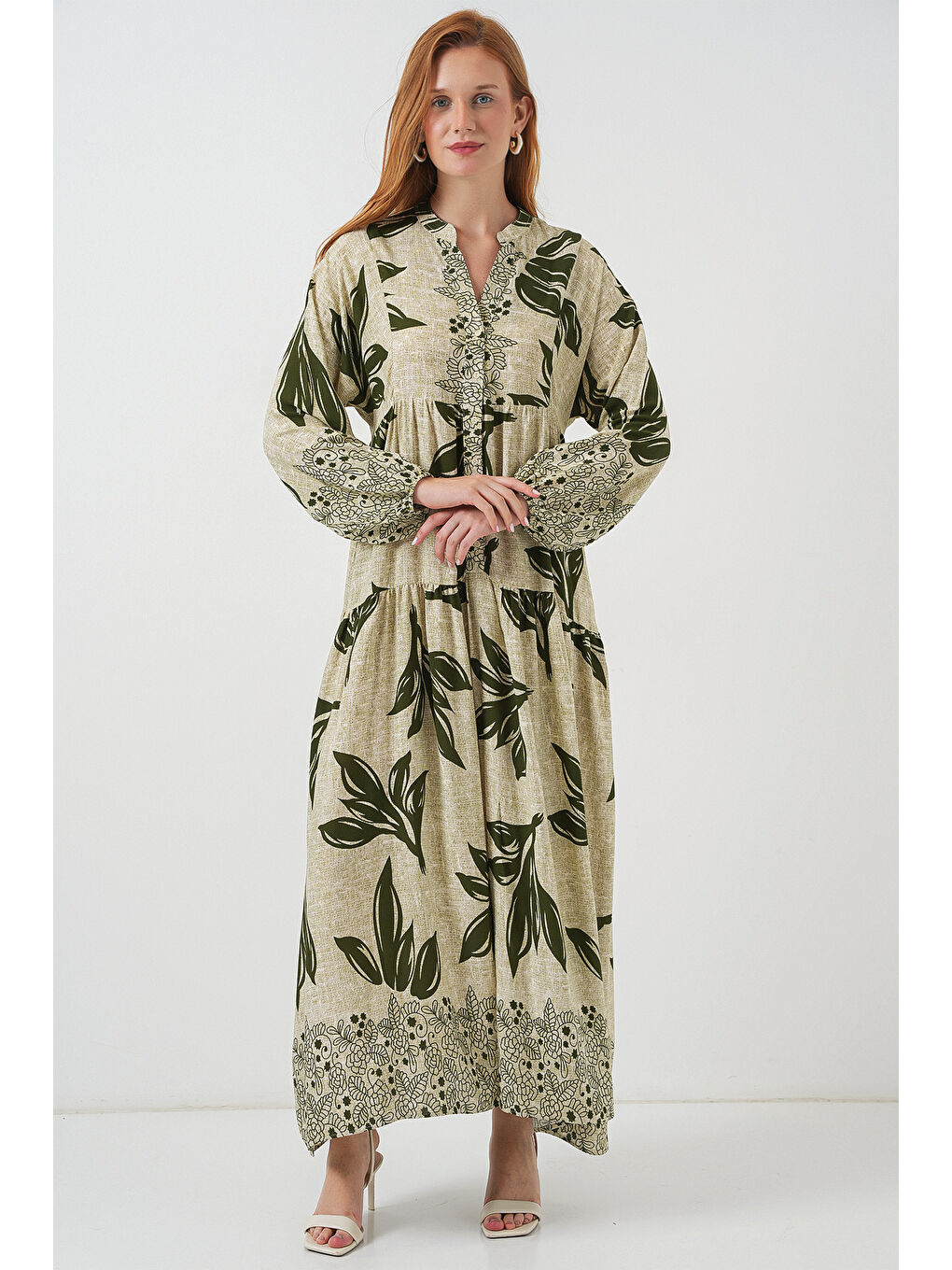 Kadın Desenli Uzun Tesettür Elbise 2585 - E.Yeşil-2