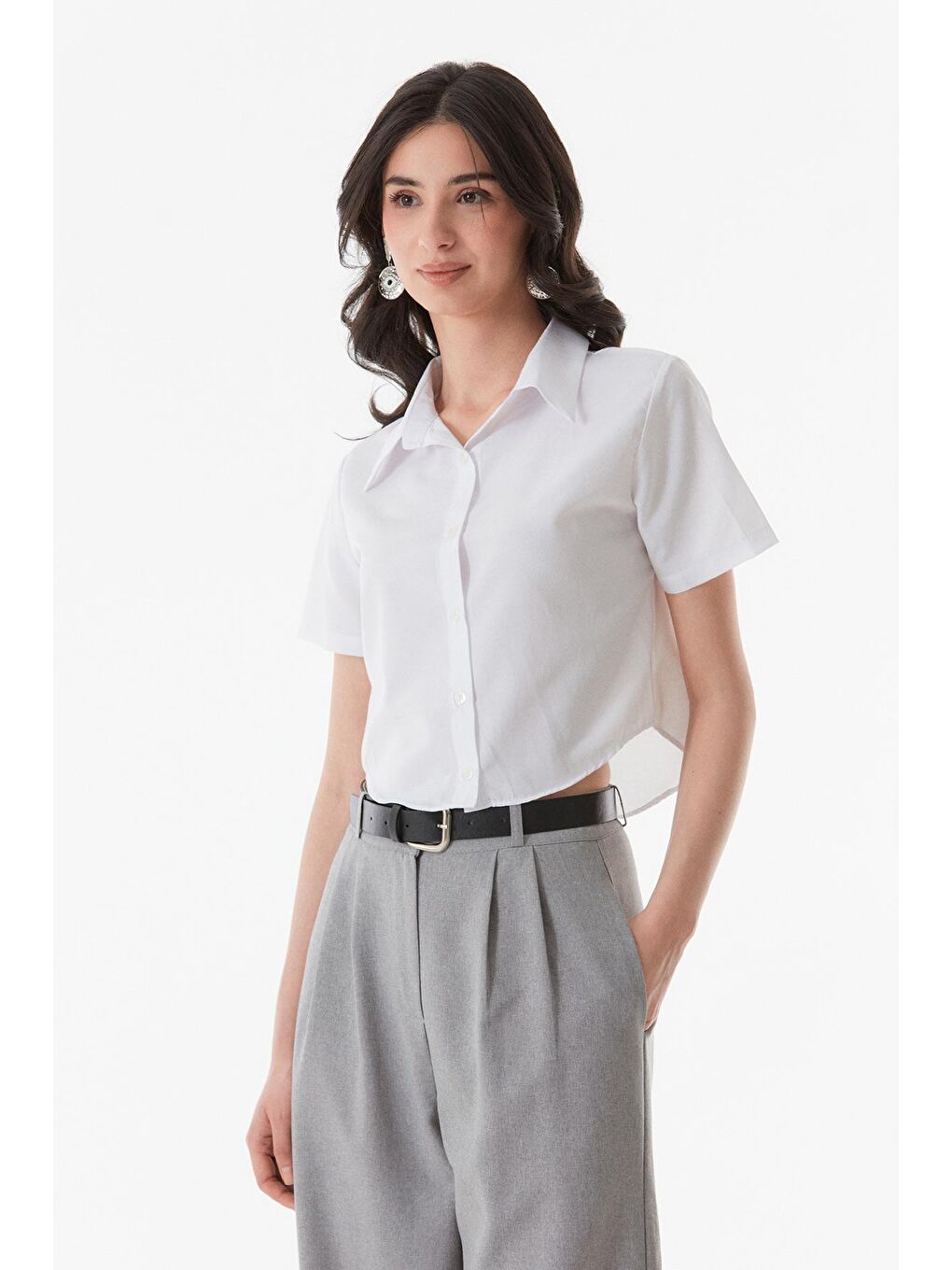 Beyaz Basic Crop Gömlek-2