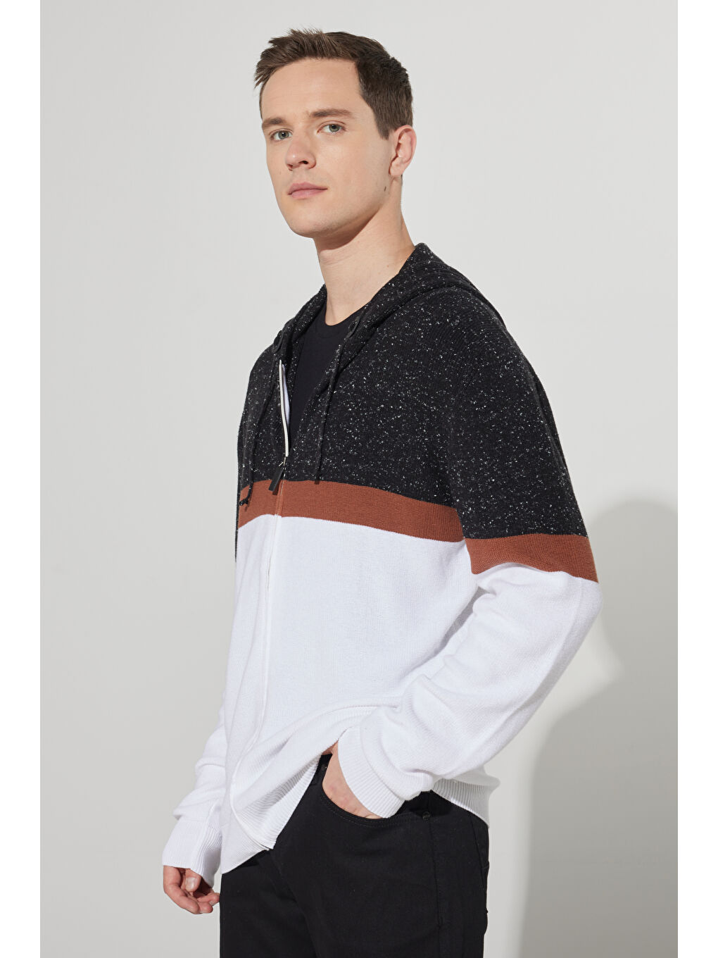 Erkek Antrasit-Ekru Standart Fit Normal Kesim Kapüşon Yaka %100 Pamuk Triko Hırka-2