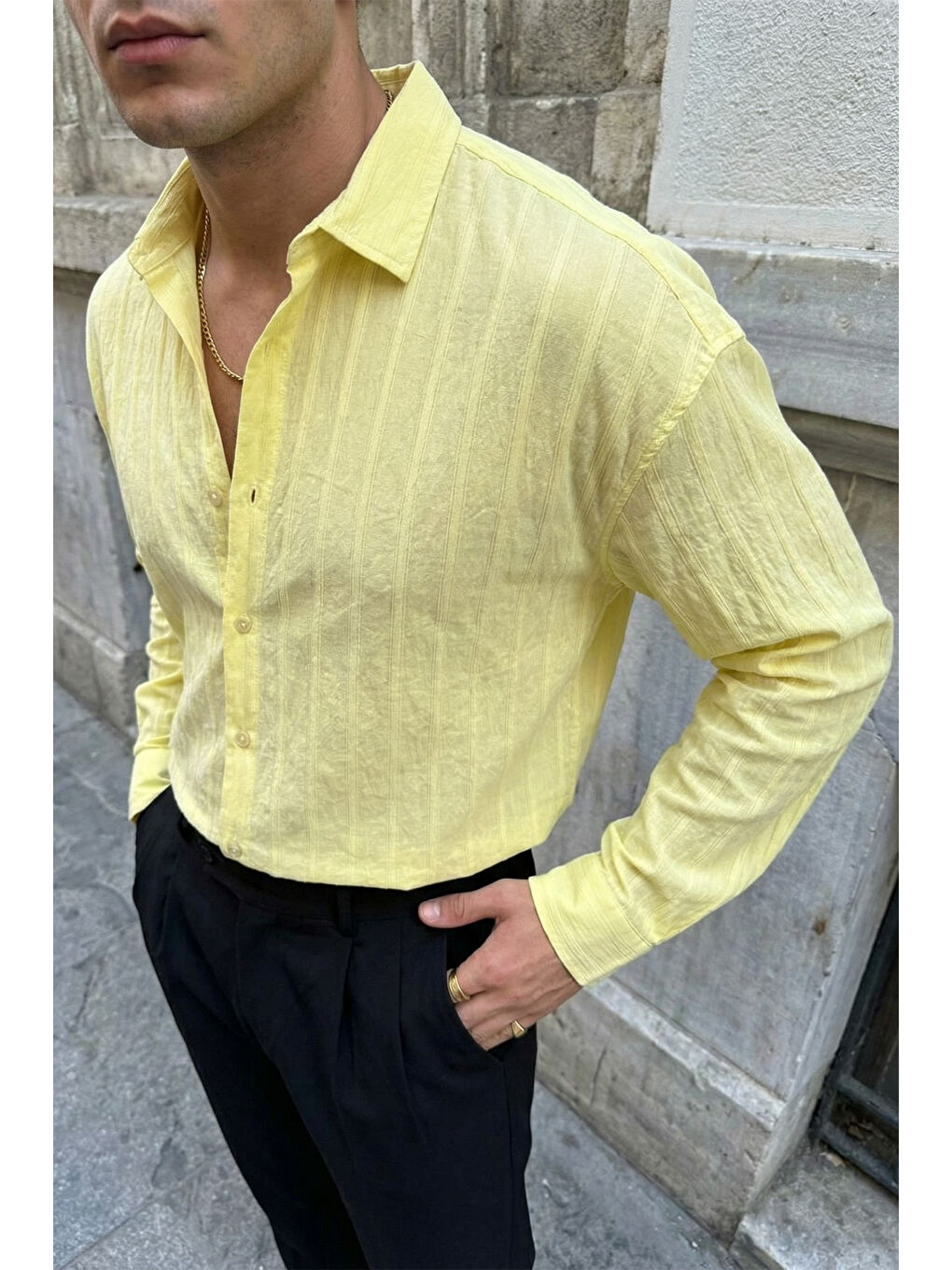Sarı Maze Premium Oversize Erkek Gömlek Dokulu Çizgili-1