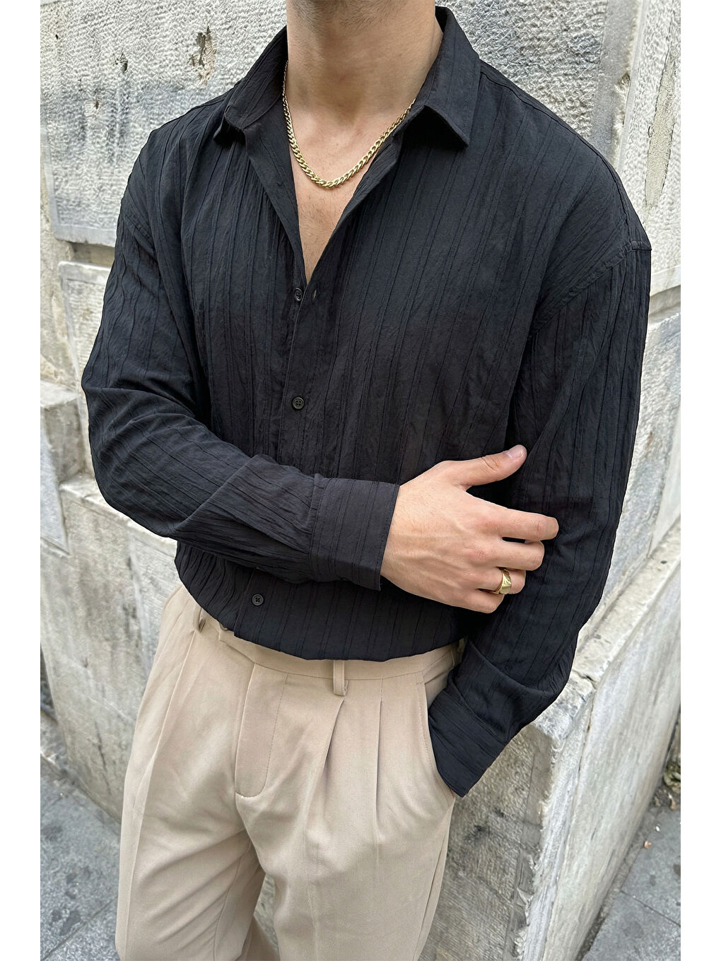 Siyah Maze Premium Oversize Erkek Gömlek Dokulu Çizgili-2