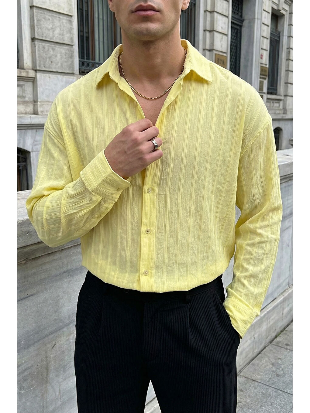 Sarı Maze Premium Oversize Erkek Gömlek Dokulu Çizgili-2