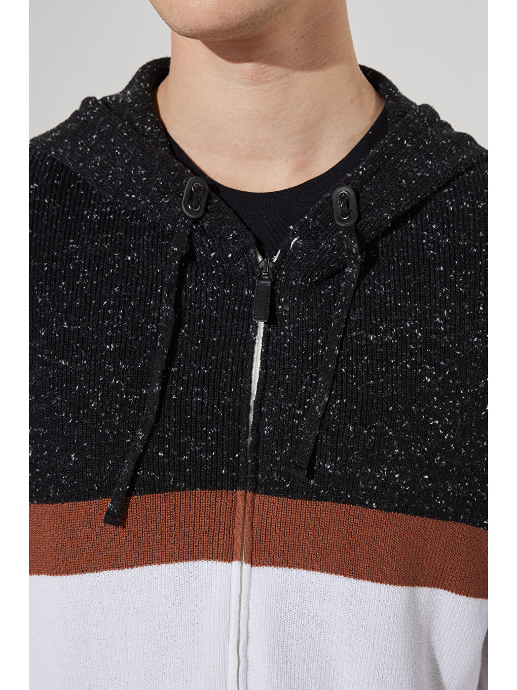 Erkek Antrasit-Ekru Standart Fit Normal Kesim Kapüşon Yaka %100 Pamuk Triko Hırka-4