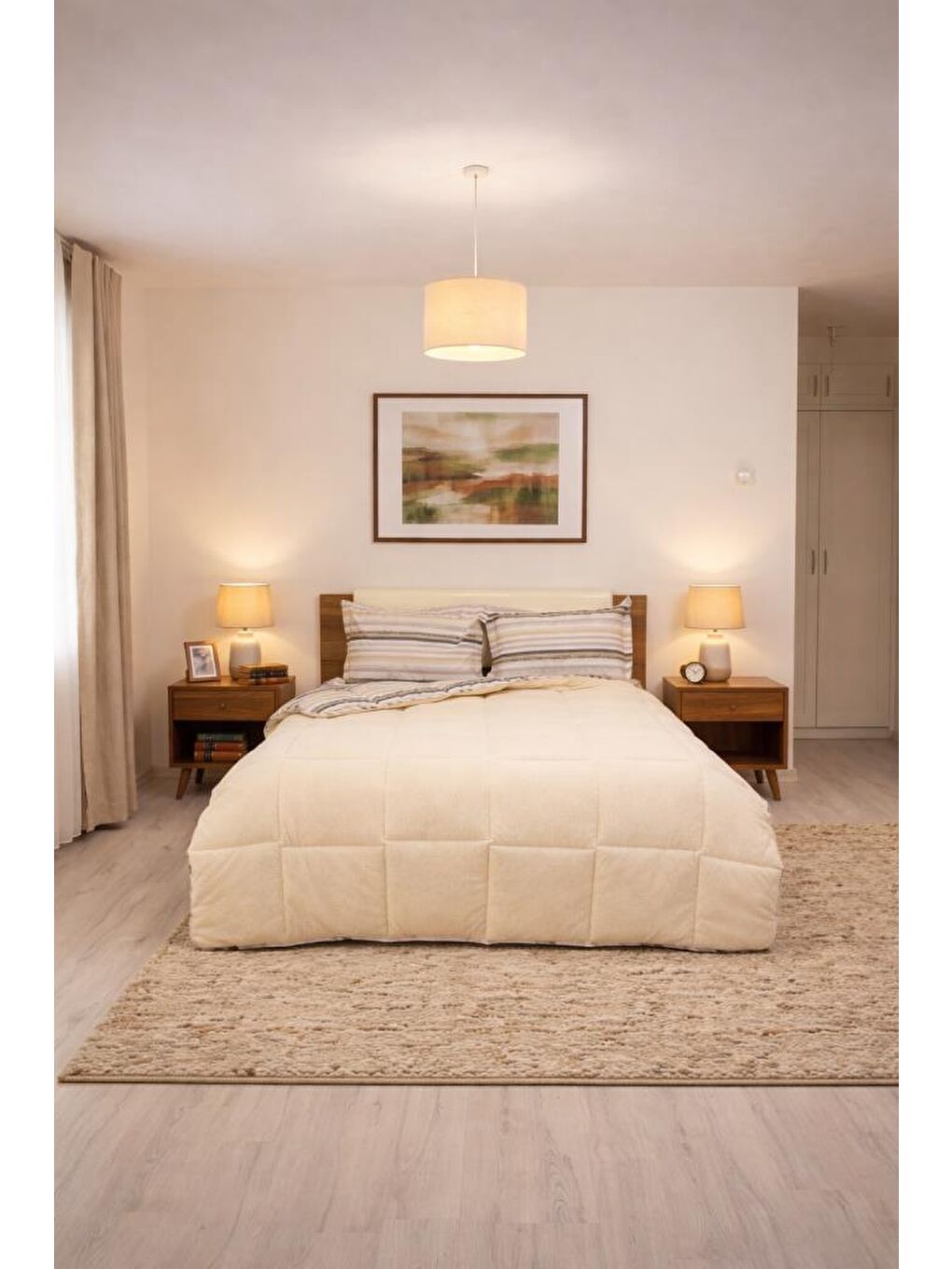 Ekru Sherpa Pelüş Çift Kişilik Lastikli Çarşaflı Comforter Set Krem-1