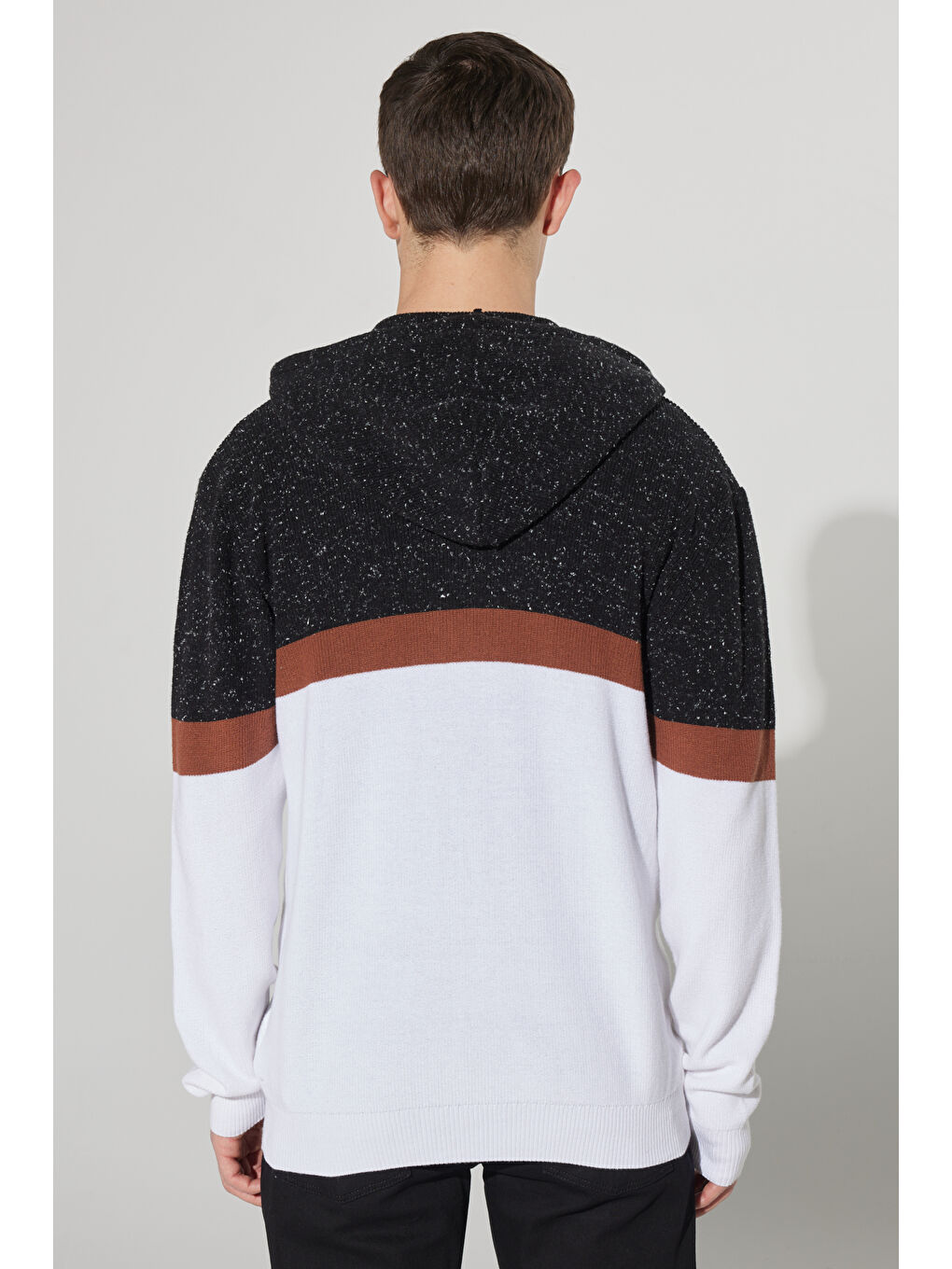 Erkek Antrasit-Ekru Standart Fit Normal Kesim Kapüşon Yaka %100 Pamuk Triko Hırka-5