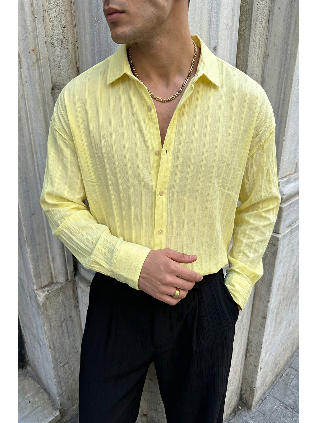 Sarı Maze Premium Oversize Erkek Gömlek Dokulu Çizgili-4