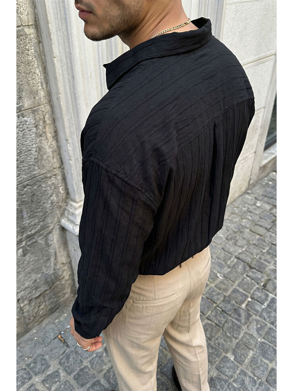 Siyah Maze Premium Oversize Erkek Gömlek Dokulu Çizgili-3