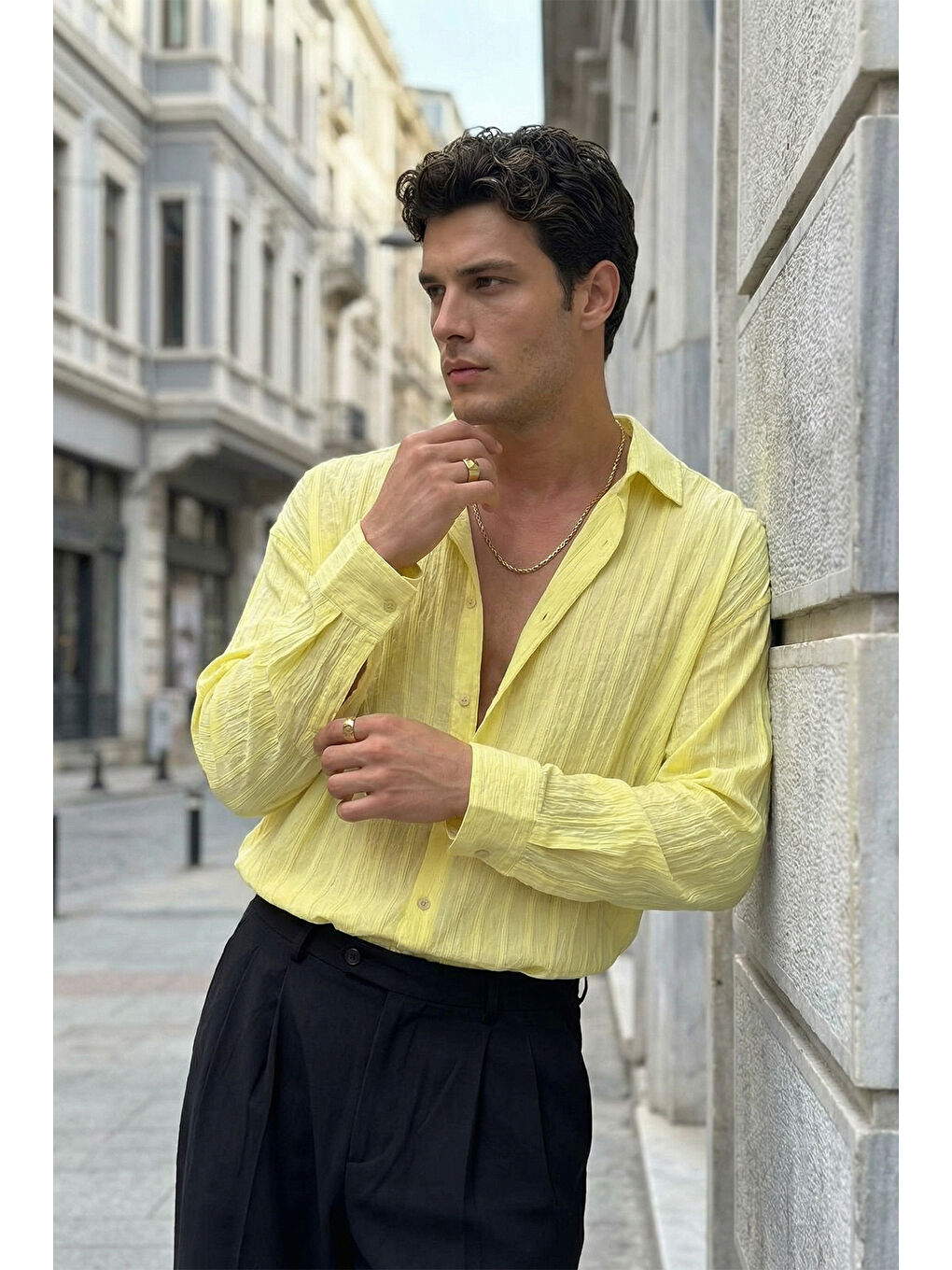 Sarı Maze Premium Oversize Erkek Gömlek Dokulu Çizgili-5