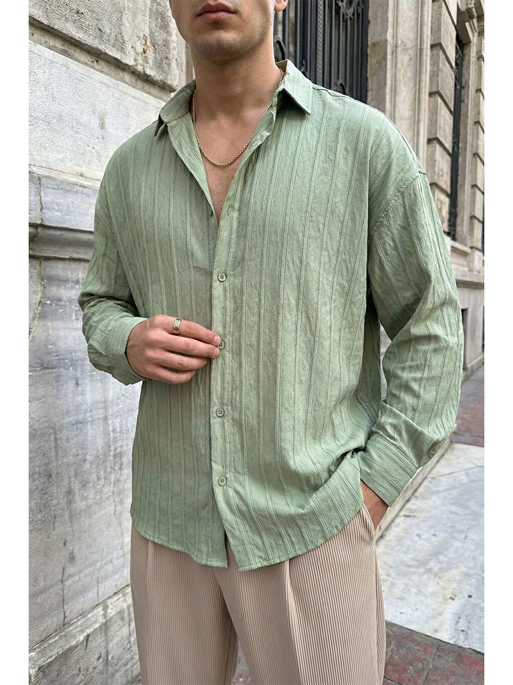 Yeşil Maze Premium Oversize Erkek Gömlek Dokulu Çizgili