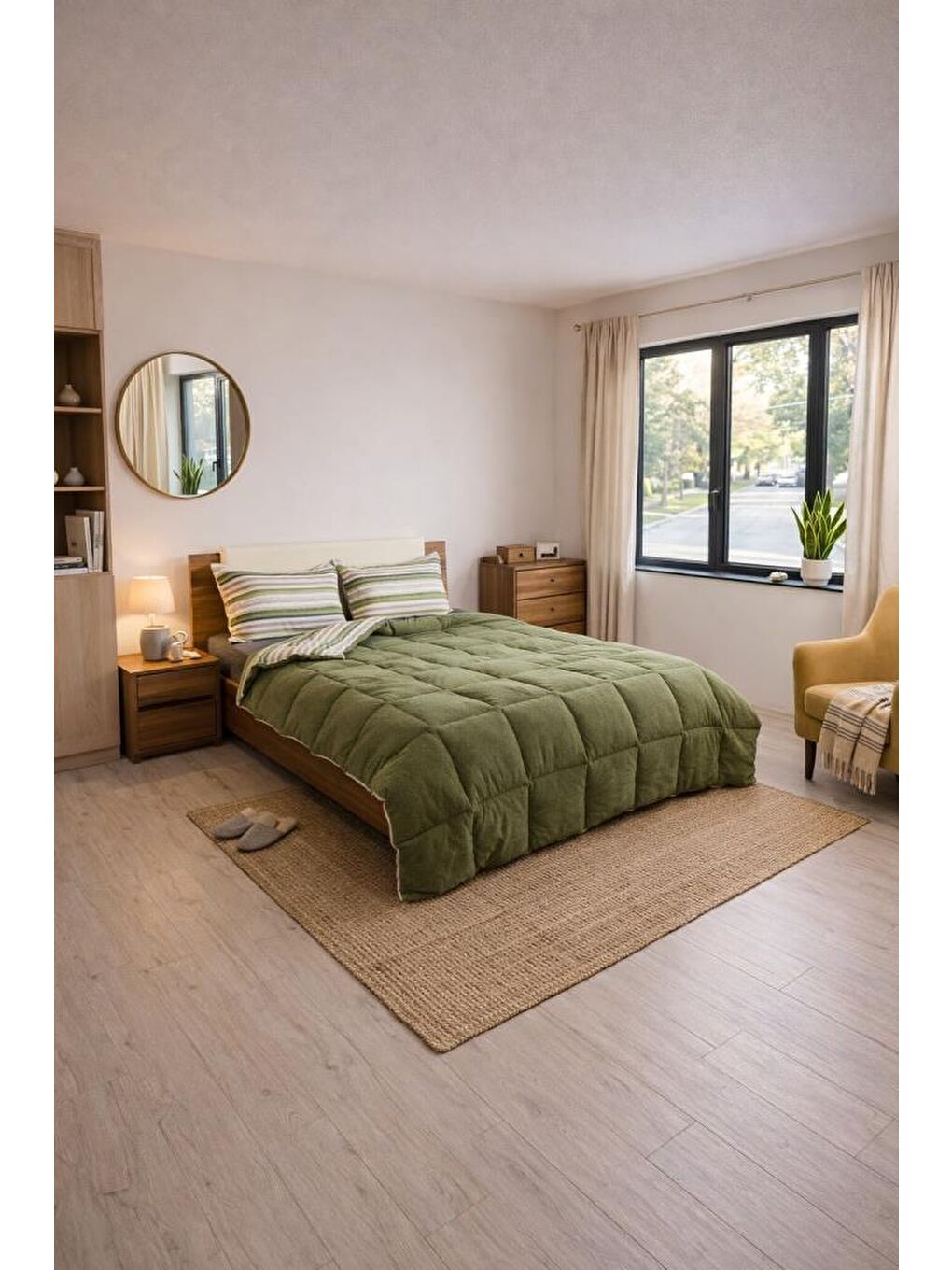 Sherpa Pelüş Çift Kişilik Lastikli Çarşaflı Comforter Set Haki