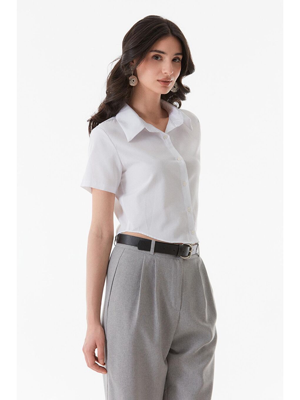 Beyaz Basic Crop Gömlek-4