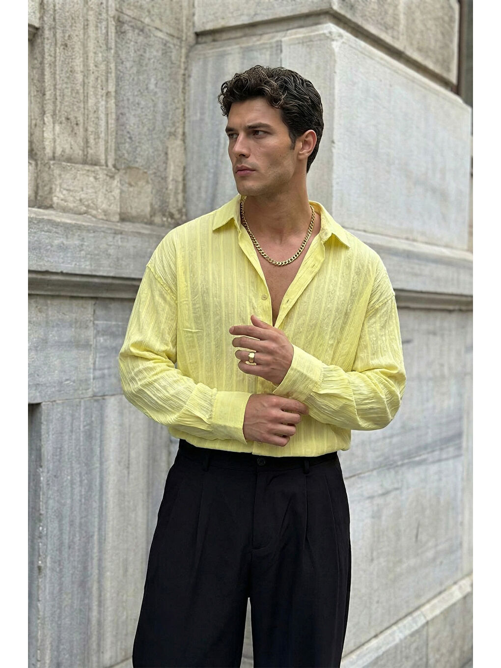 Sarı Maze Premium Oversize Erkek Gömlek Dokulu Çizgili-6