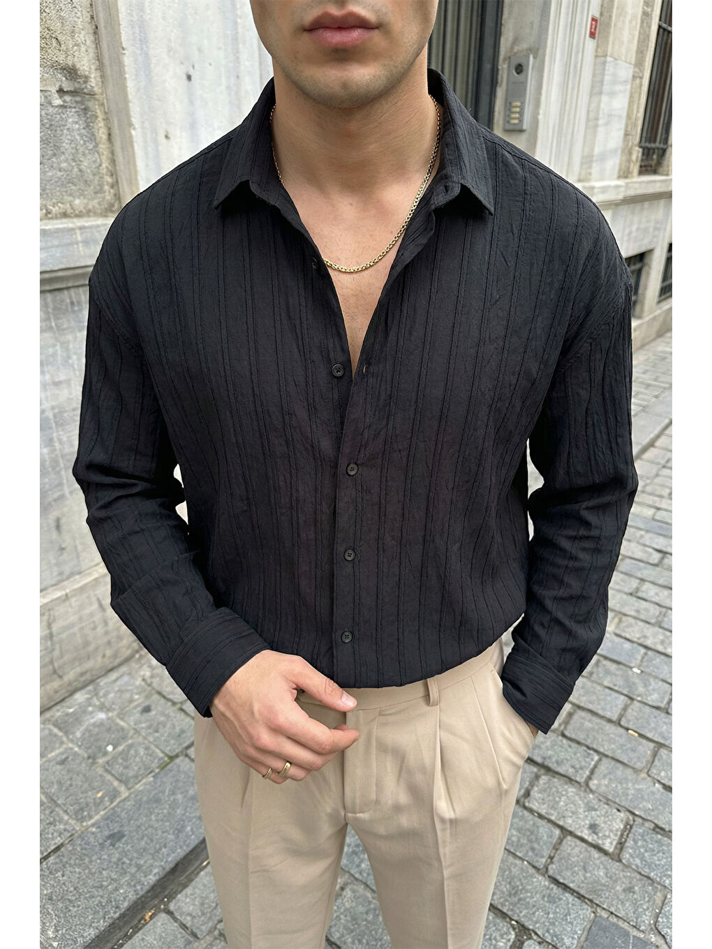 Siyah Maze Premium Oversize Erkek Gömlek Dokulu Çizgili-4