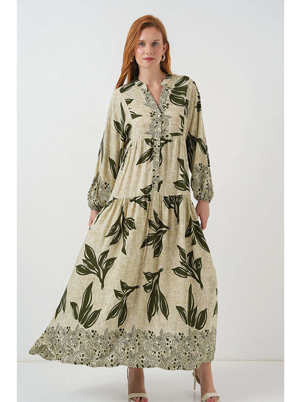 Kadın Desenli Uzun Tesettür Elbise 2585 - E.Yeşil-3