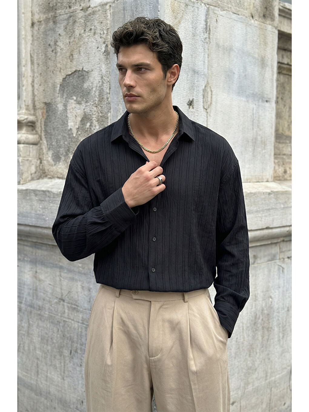 Siyah Maze Premium Oversize Erkek Gömlek Dokulu Çizgili-5