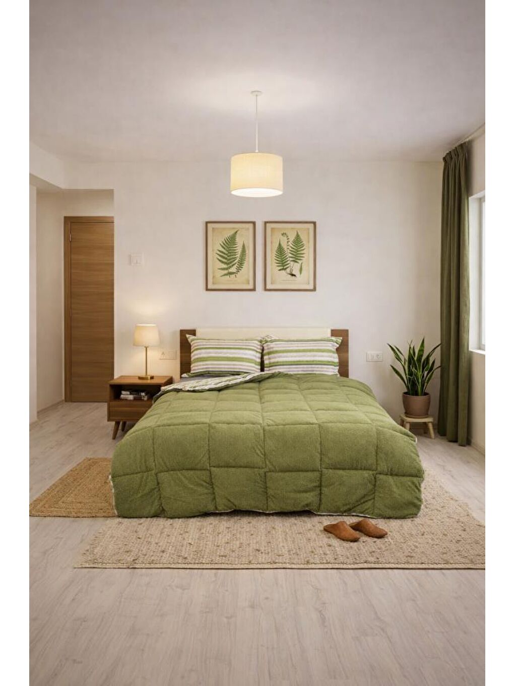 Sherpa Pelüş Çift Kişilik Lastikli Çarşaflı Comforter Set Haki-1