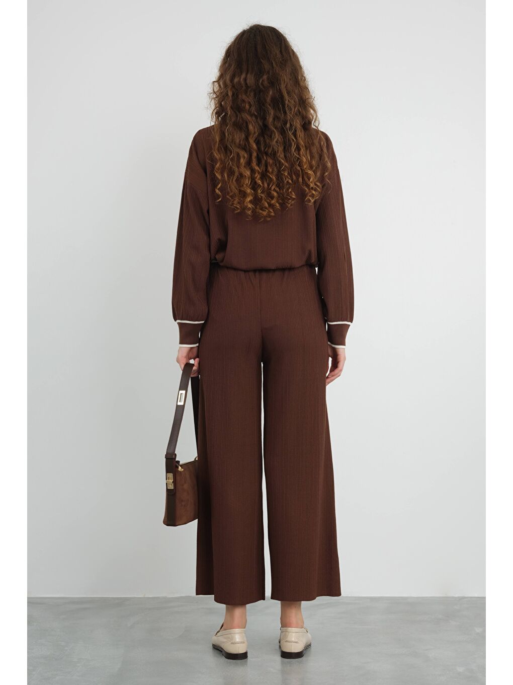 Kahverengi Şerit Detaylı Triko Pantolon Acı Kahve-2