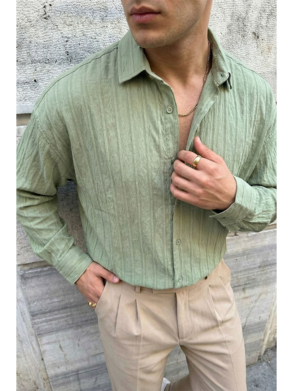 Yeşil Maze Premium Oversize Erkek Gömlek Dokulu Çizgili-1