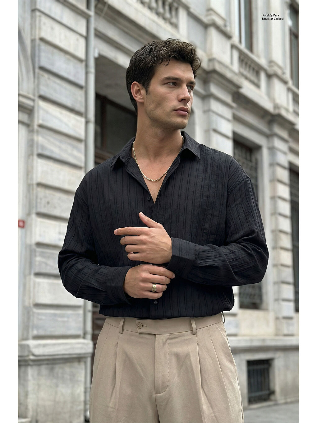 Siyah Maze Premium Oversize Erkek Gömlek Dokulu Çizgili-6