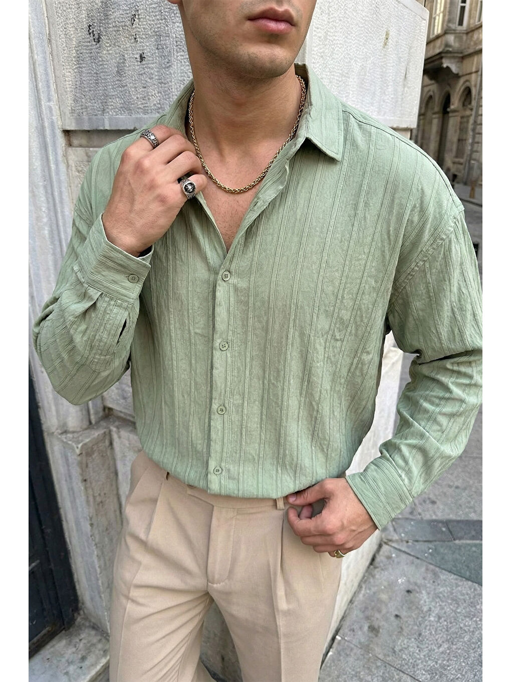 Yeşil Maze Premium Oversize Erkek Gömlek Dokulu Çizgili-2