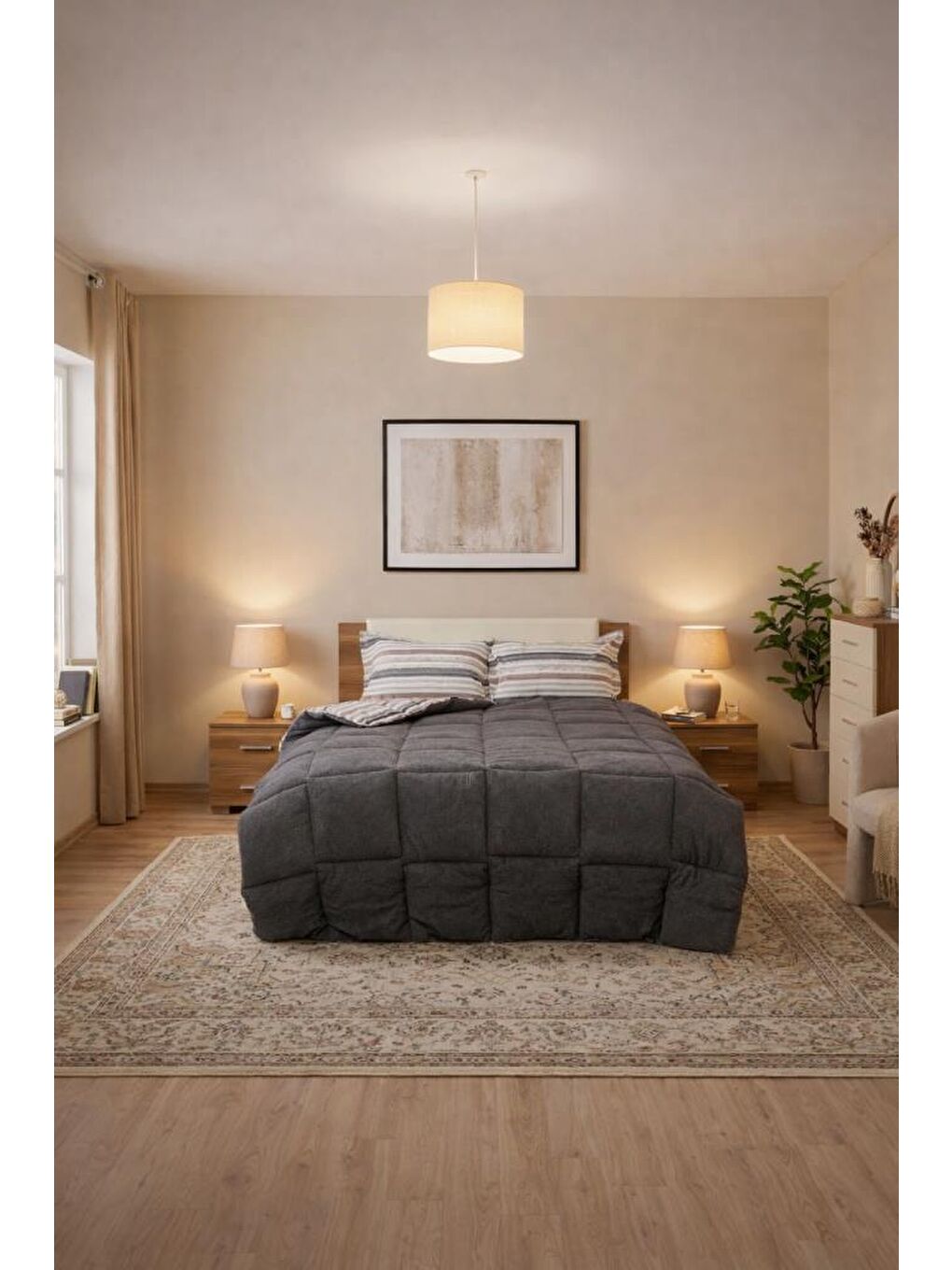 Sherpa Pelüş Çift Kişilik Lastikli Çarşaflı Comforter Set Antrasit-1