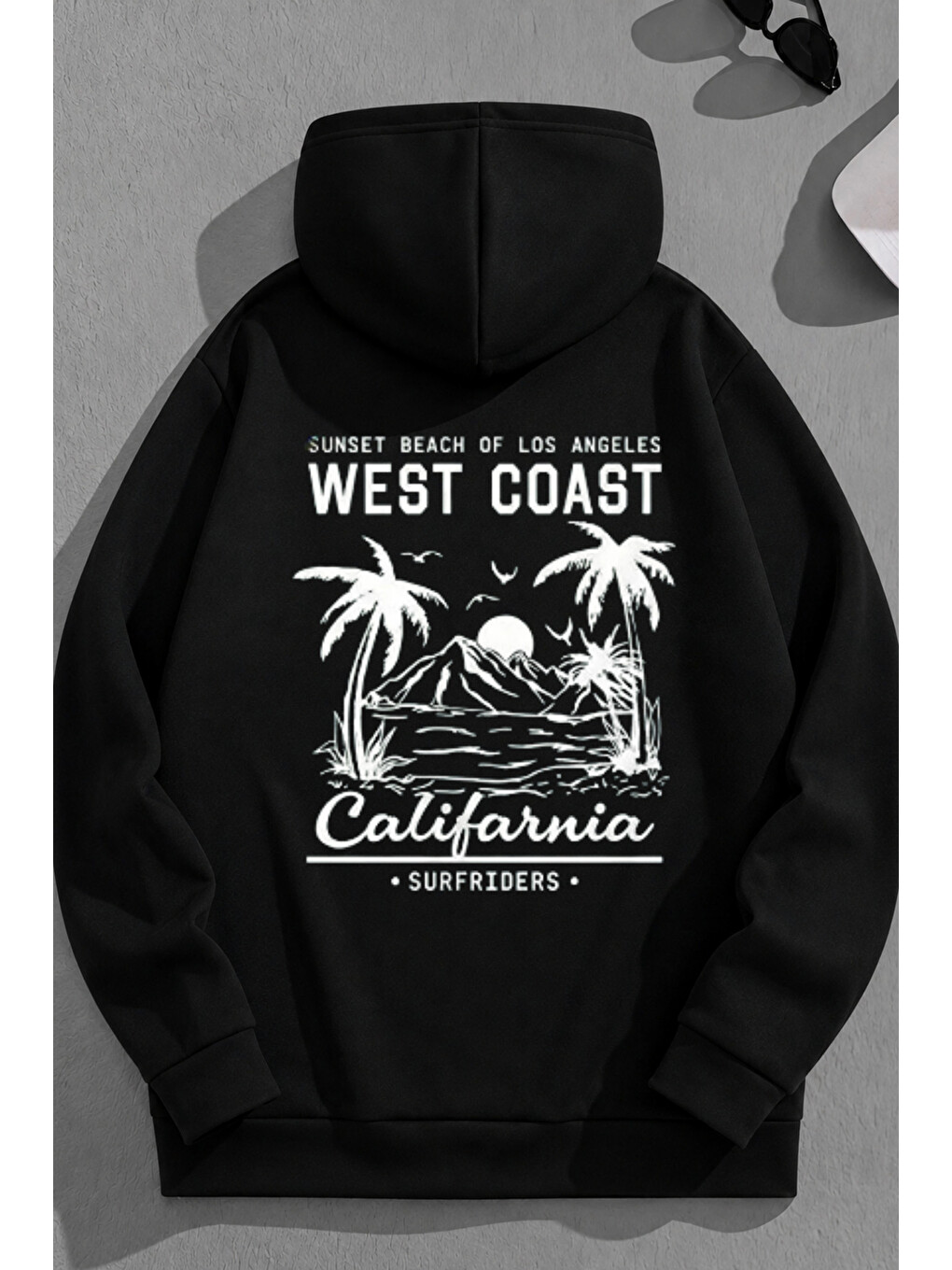 Unisex 3 İplik Pamuklu Siyah Wcoast Baskı Bol Kalıp Sweatshirt Hoodie
