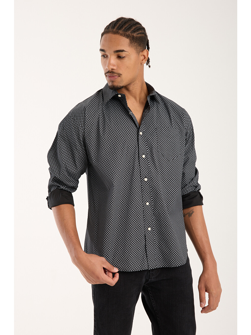 Rio Poplin Stretch Pamuk Karışımlı Oversize Fit Siyah Klasik Yaka Erkek Baskılı Gömlek