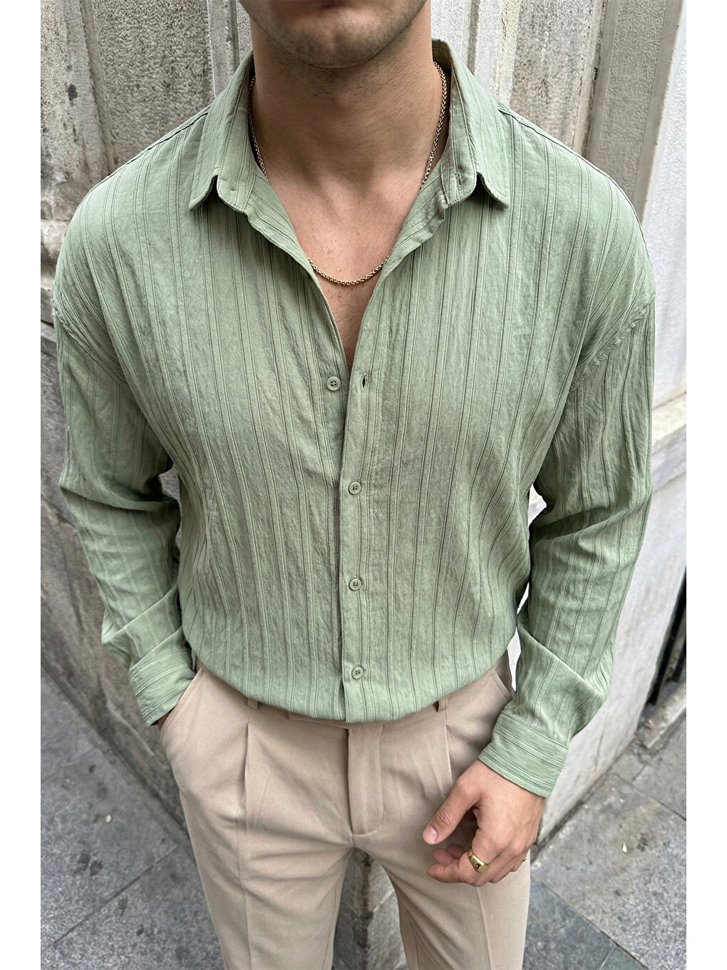 Yeşil Maze Premium Oversize Erkek Gömlek Dokulu Çizgili-3