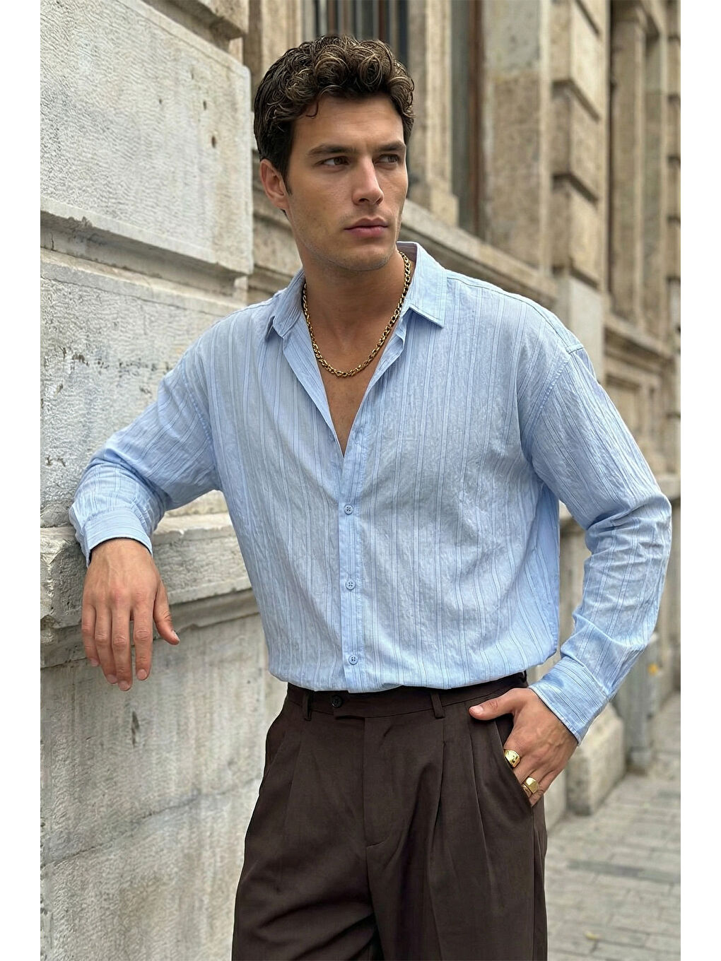 Mavi Maze Premium Oversize Erkek Gömlek Dokulu Çizgili