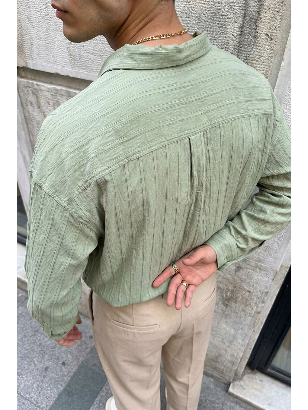 Yeşil Maze Premium Oversize Erkek Gömlek Dokulu Çizgili-4