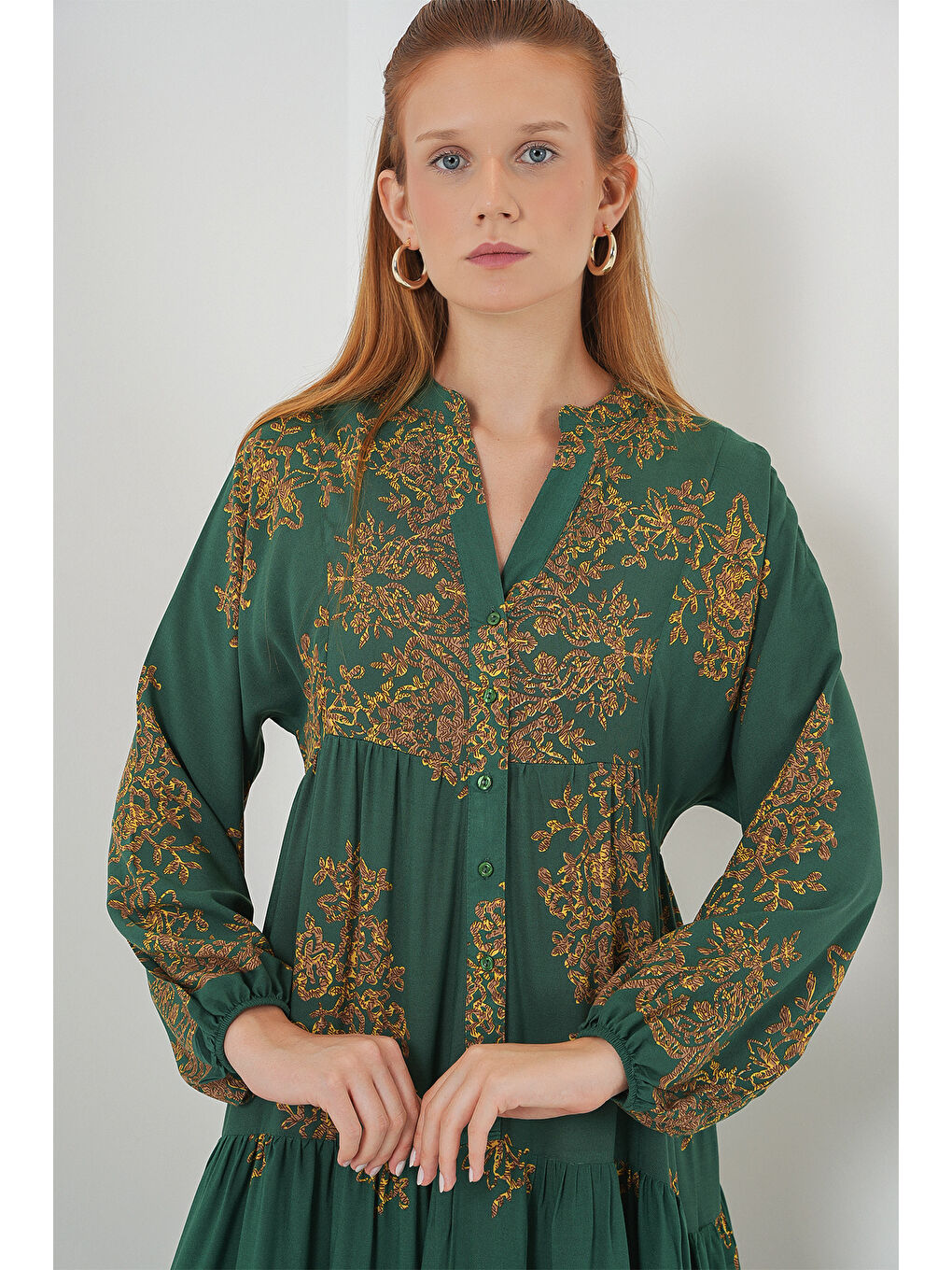 Yeşil Kadın Desenli Uzun Tesettür Elbise 2585 - Y.Zümrüt-1