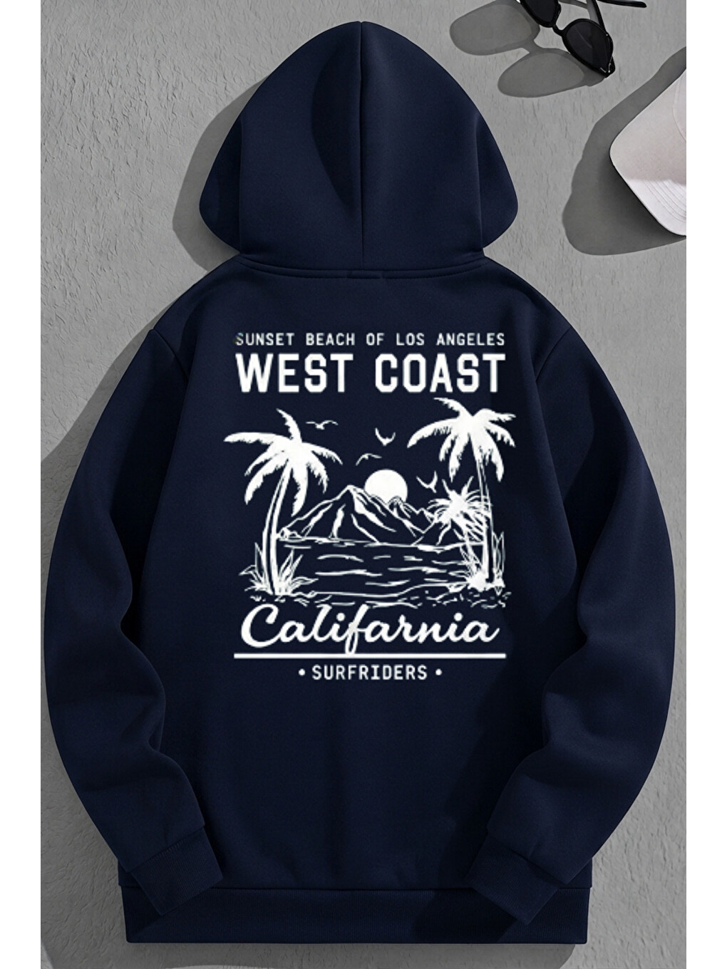 Unisex 3 İplik Pamuklu Lacivert Wcoast Baskı Bol Kalıp Sweatshirt Hoodie