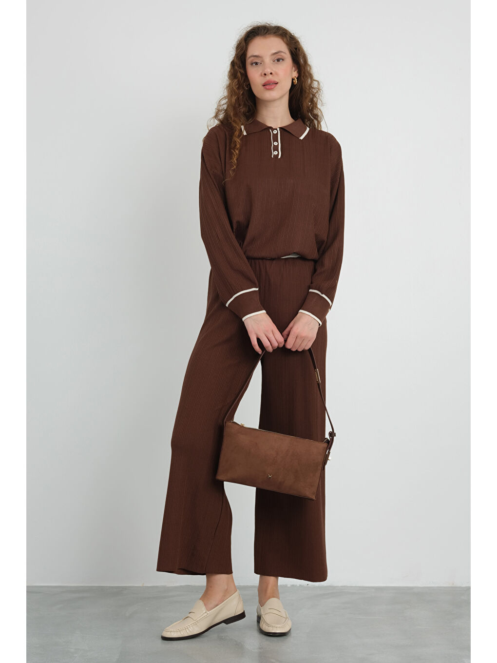 Kahverengi Şerit Detaylı Triko Pantolon Acı Kahve-3