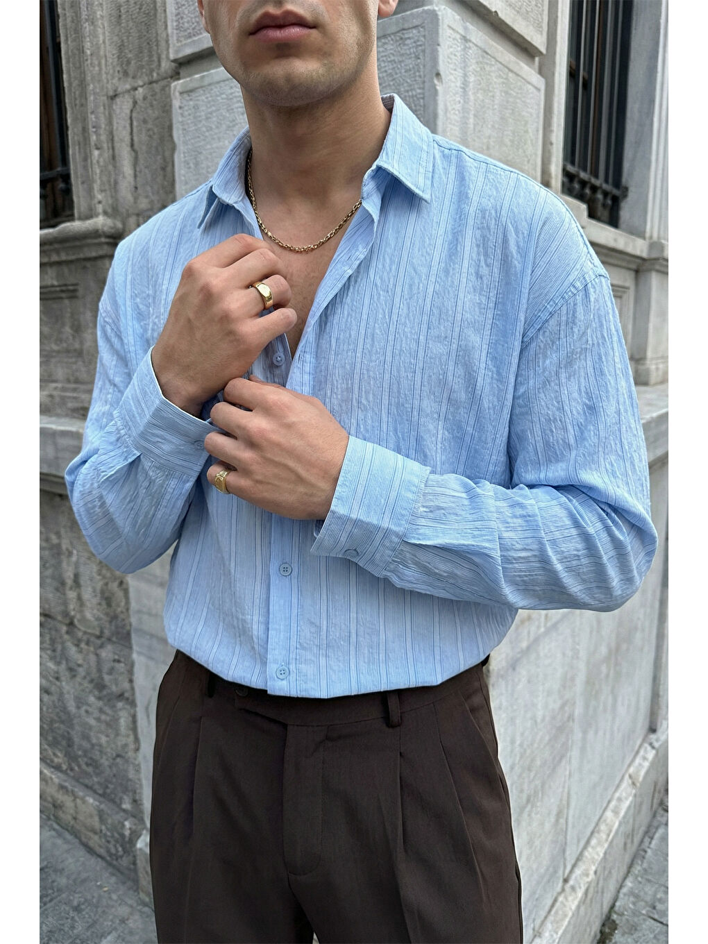 Mavi Maze Premium Oversize Erkek Gömlek Dokulu Çizgili-1