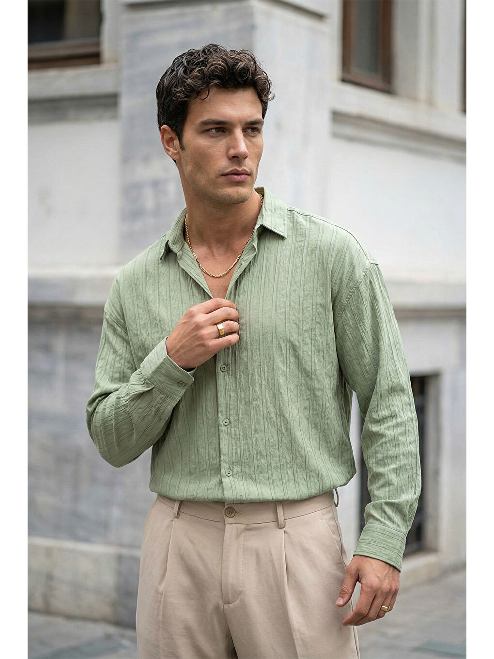 Yeşil Maze Premium Oversize Erkek Gömlek Dokulu Çizgili-5