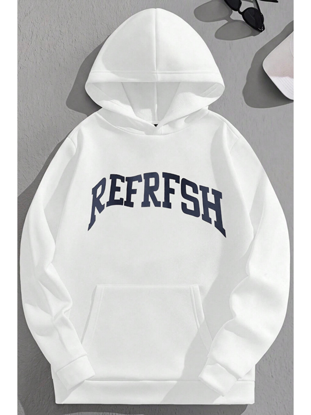 Unisex 3 İplik Pamuklu Beyaz Refresh Baskı Bol Kalıp Sweatshirt Hoodie