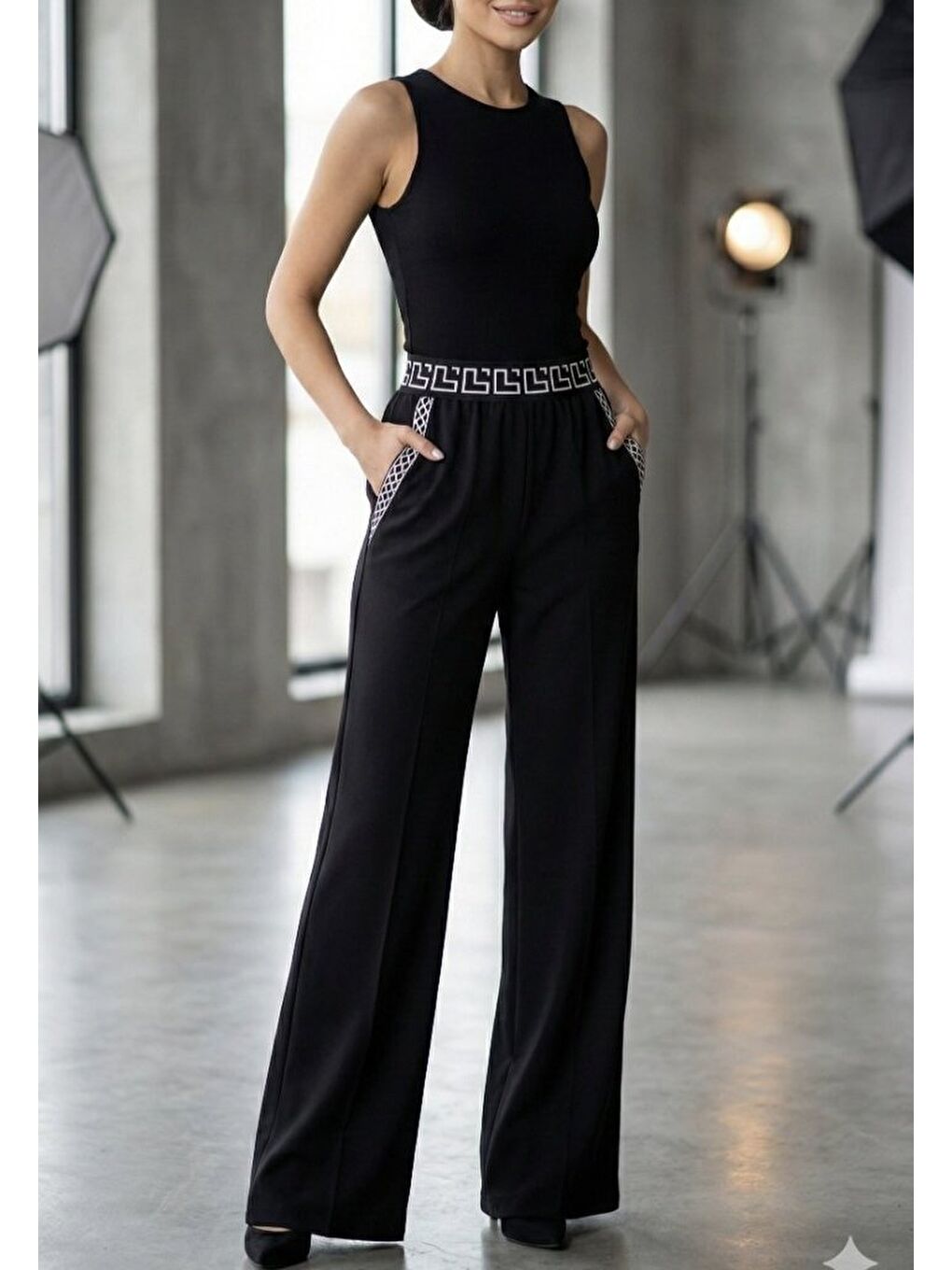 Siyah Kadın Yüksek Bel Beli Lastikli Genç Paçalı Ithal Krep Pantolon-1